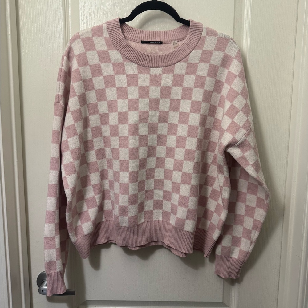T Tahari Pink and White Checkered Sweater